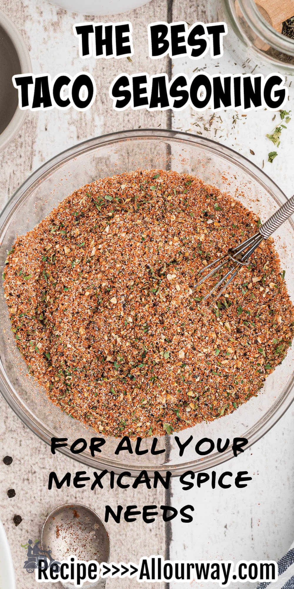 Pinterest image of Taco Seasoning mixed in a bowl with title overlay.