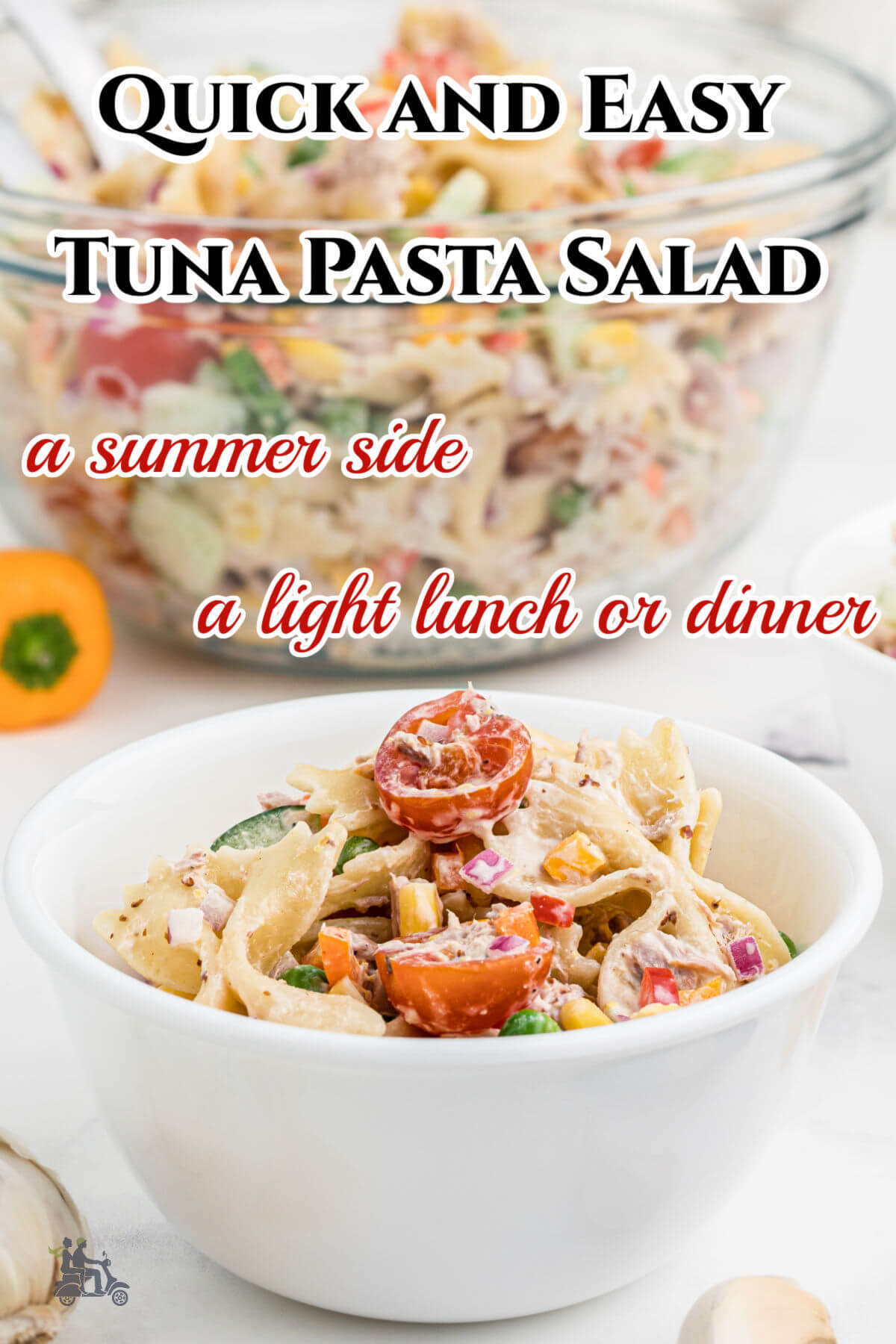 A large and small bowl of tuna pasta salad with title overlay over photos. 