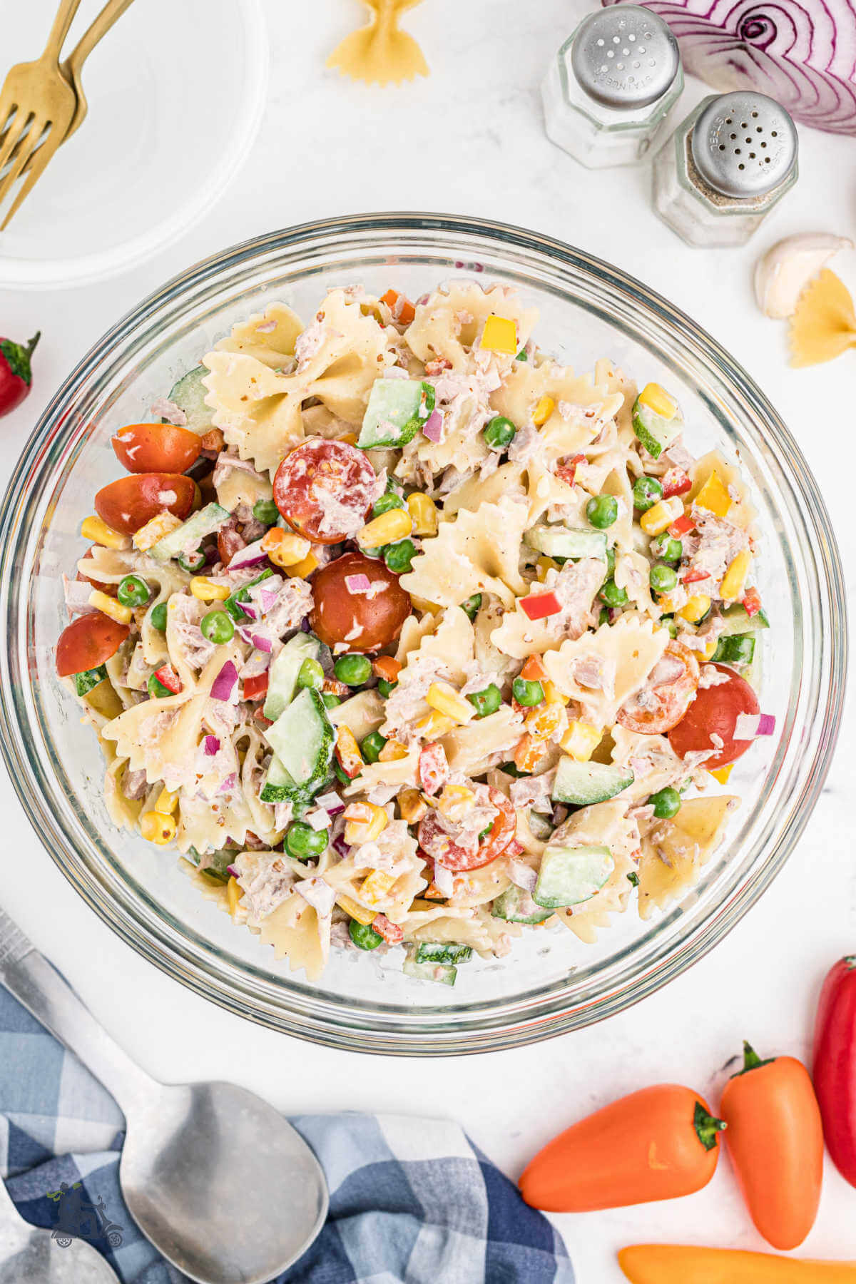 Bowl of Mixed Cold Tuna Pasta Salad. 