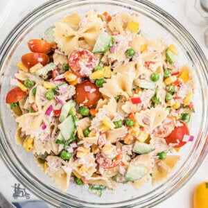 Overhead view of the Tuna Pasta Salad.