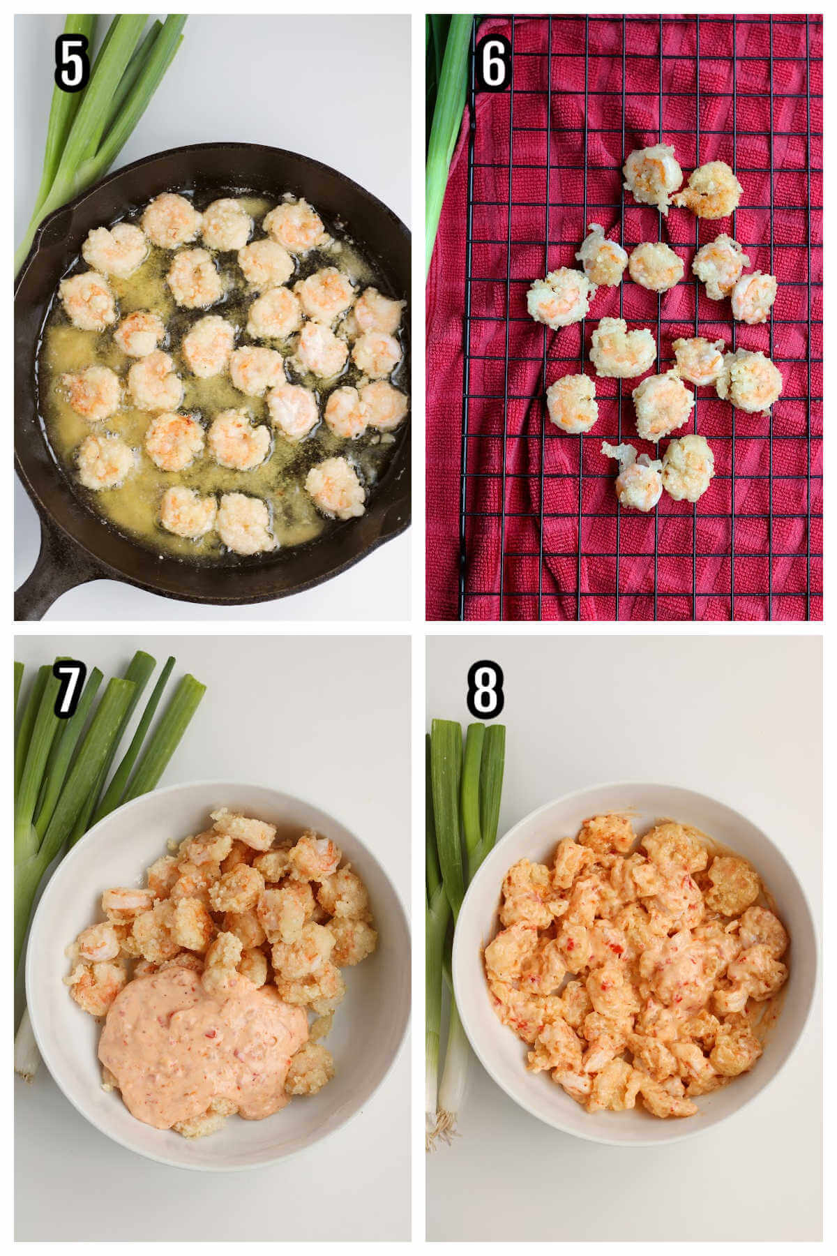 Second set of four and final steps to making the bang bang shrimp. 