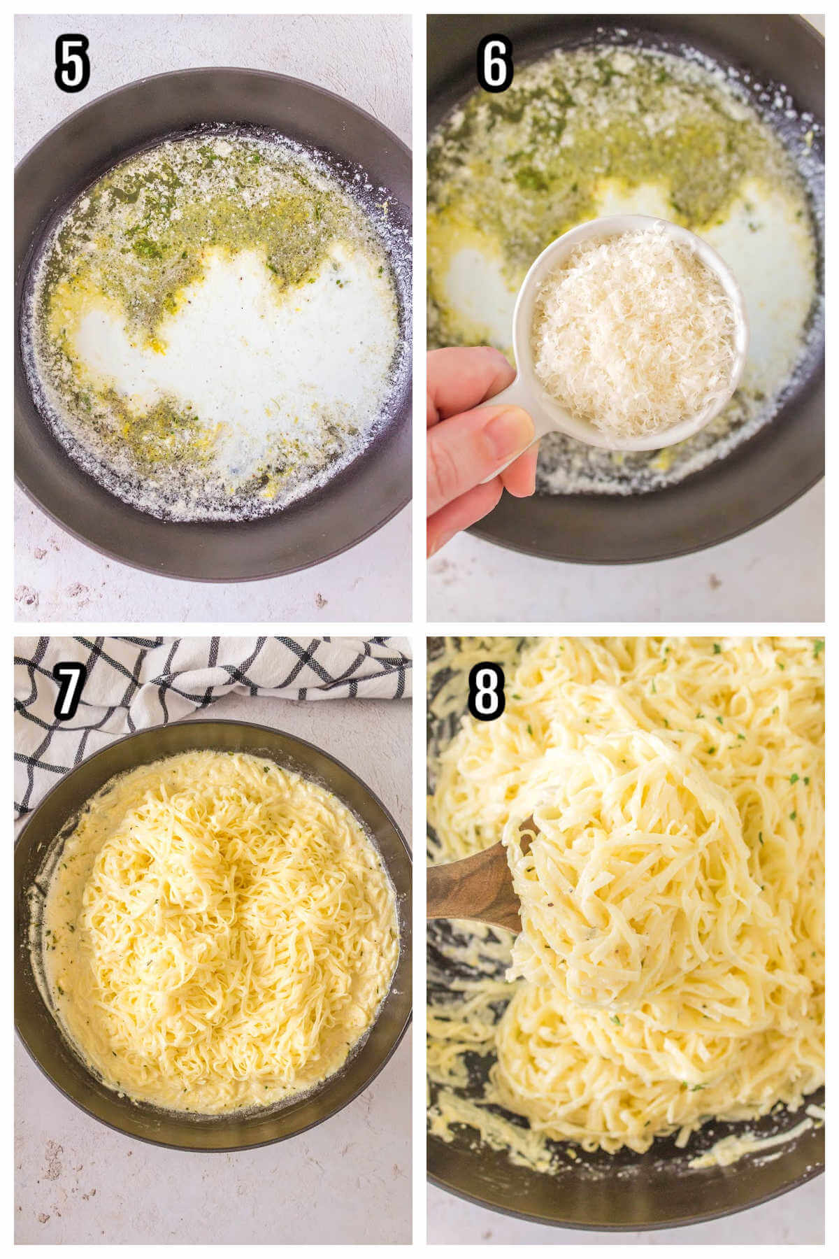 Second set of four steps to making and finishing the tagliolini al limone recipe. 