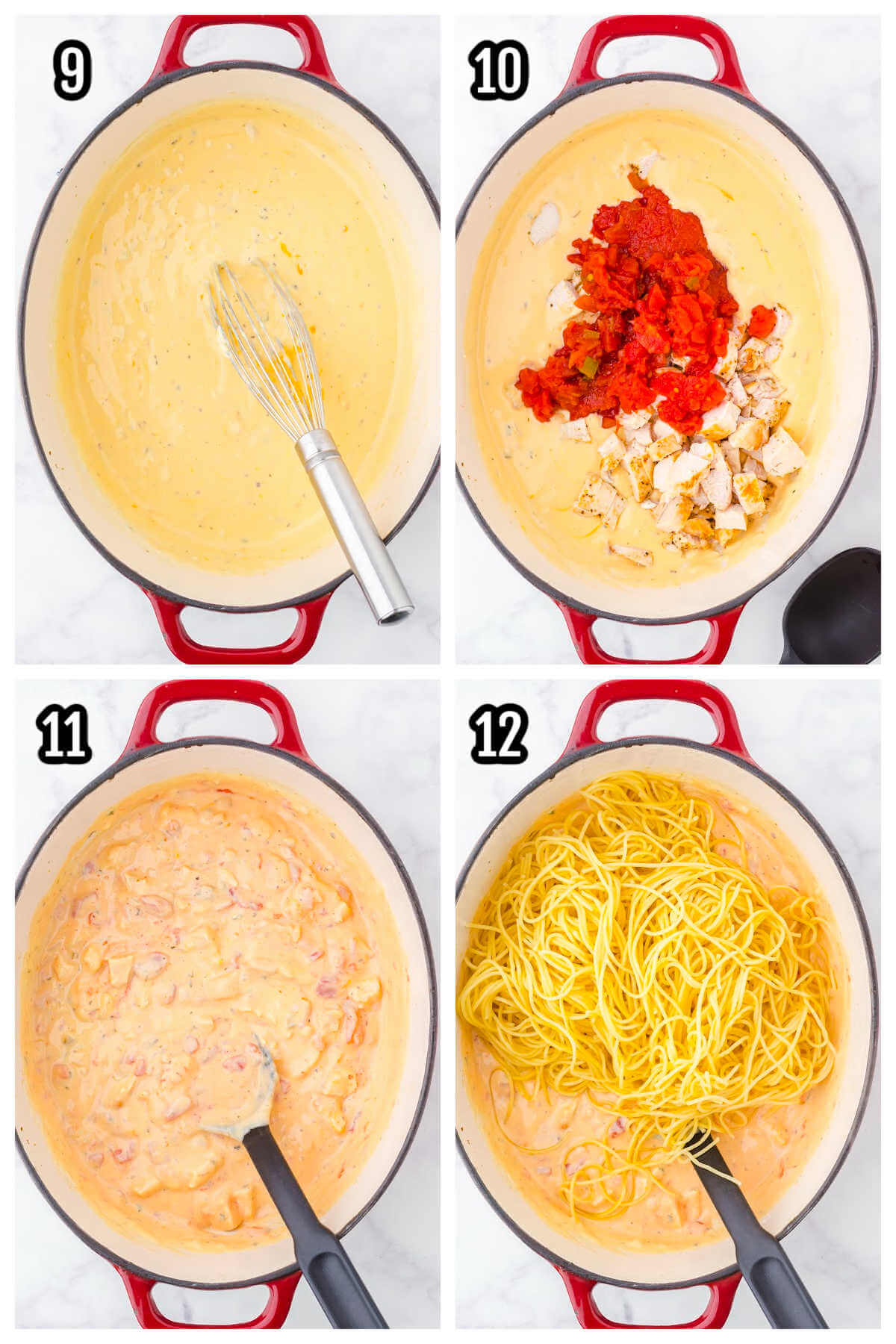 Collage with 3rd set of four steps to making the angel hair pasta with chicken breast. 