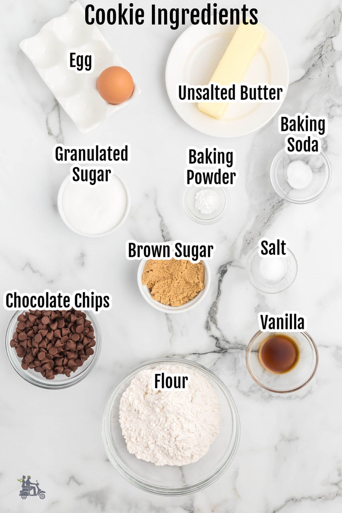 Image of the ingredients necessary for making the chocolate chip cookie portion of the brookies. 