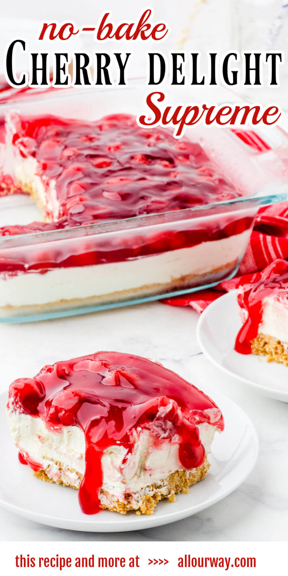 Cherry Delight Dessert is a no-bake dessert made with a Graham cracker crust, cream cheese filling, and cherry pie topping. Sweet, creamy, and tangy! This easy refrigerator dessert is always a year-round favorite.