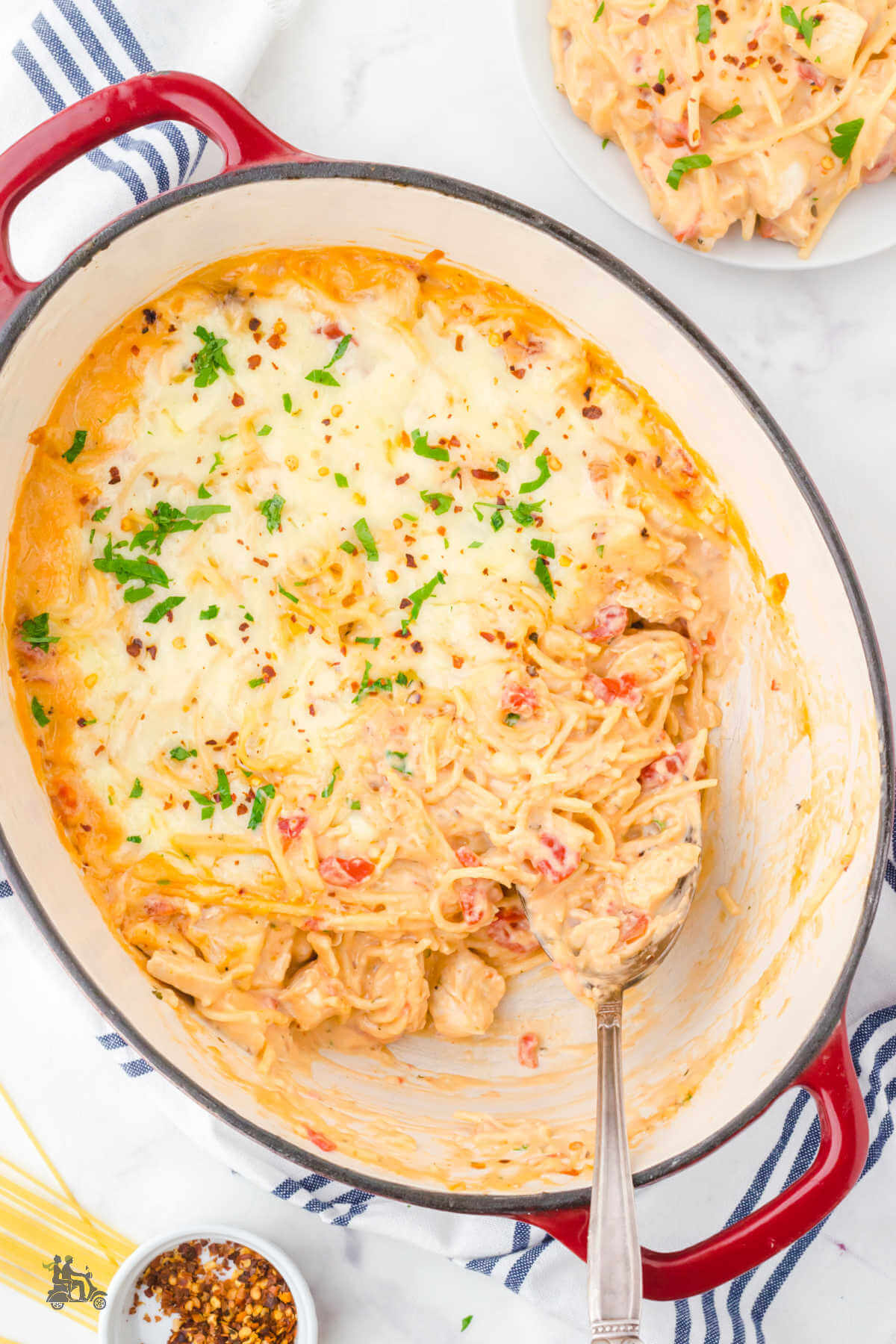A Dutch Oven with Spaghetti and chicken in a rich spicy sauce. 