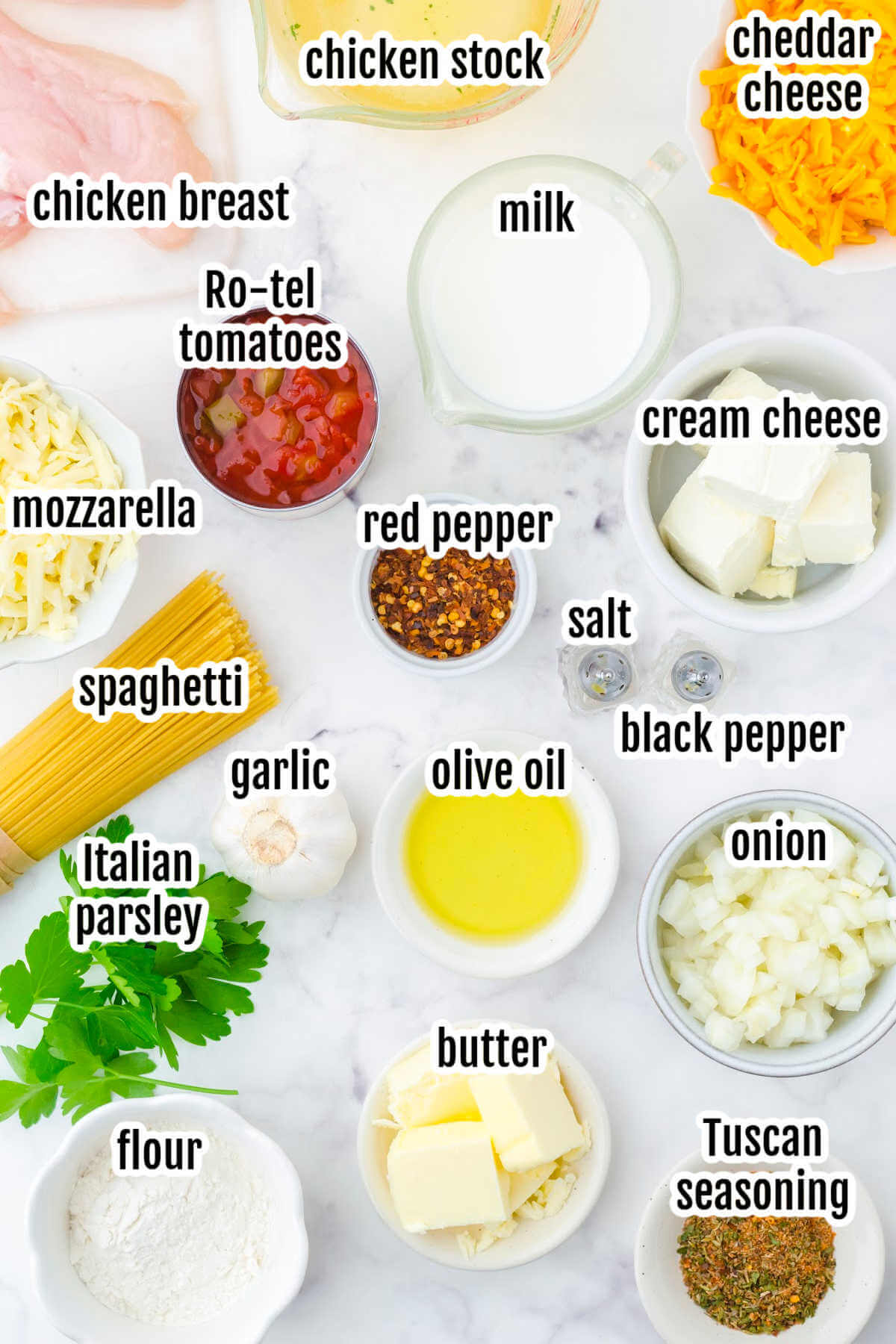 Image of the ingredients needed to make creamy chicken pasta recipe. 