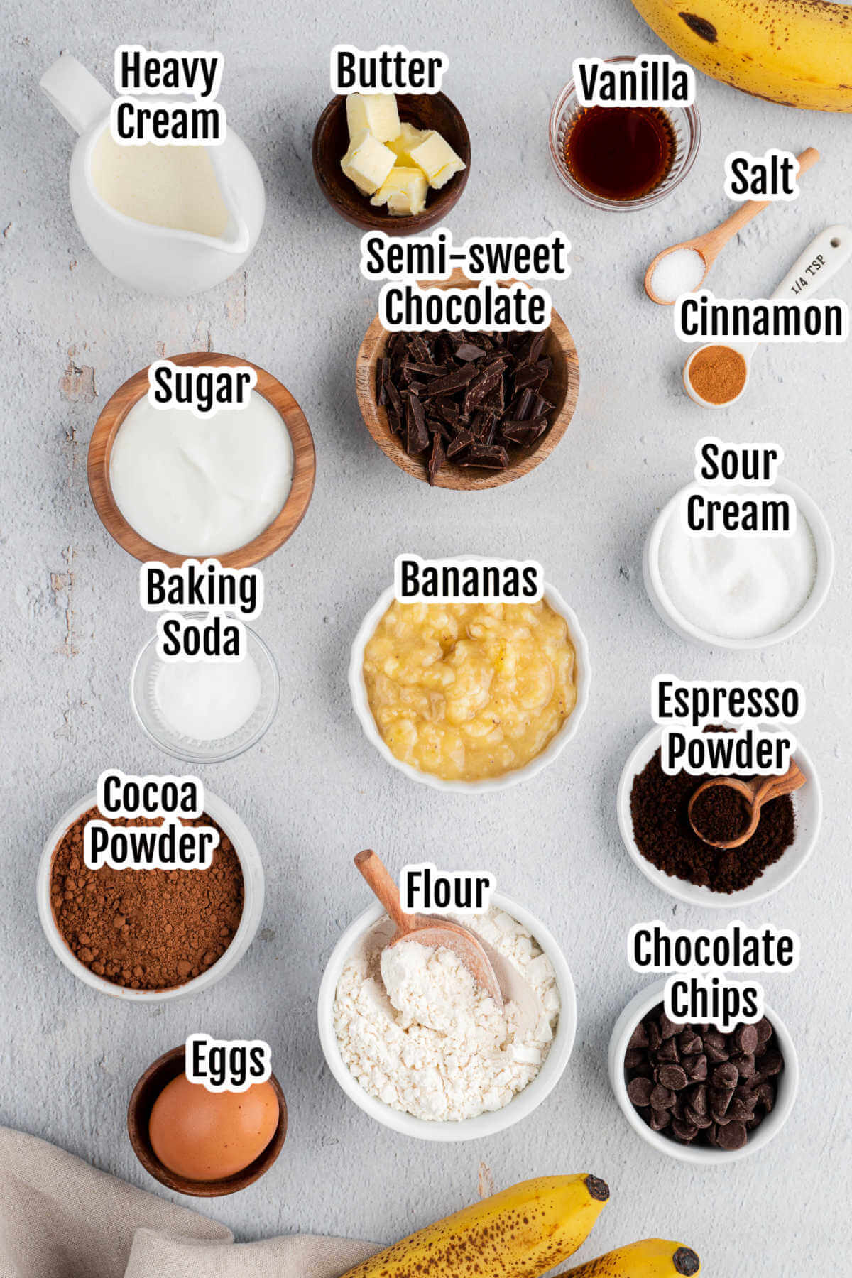 Image of the ingredients needed to make the double chocolate banana cake. 