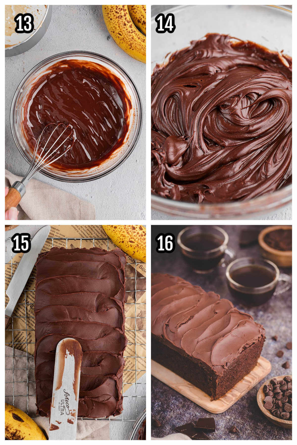 The fourth and final four steps to icing the banana chocolate cake with espresso chocolate ganache. 