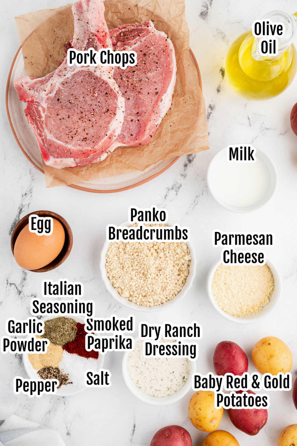 Image of ingredients needed for Shake and bake Pork Chops. 