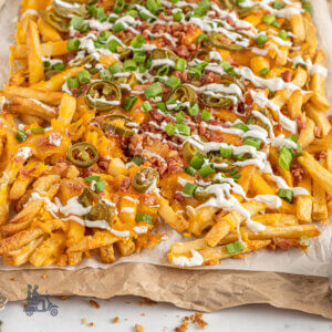 Potato fries baked with cheese and topped with bacon, green onions, jalapeño peppers and sour cream.