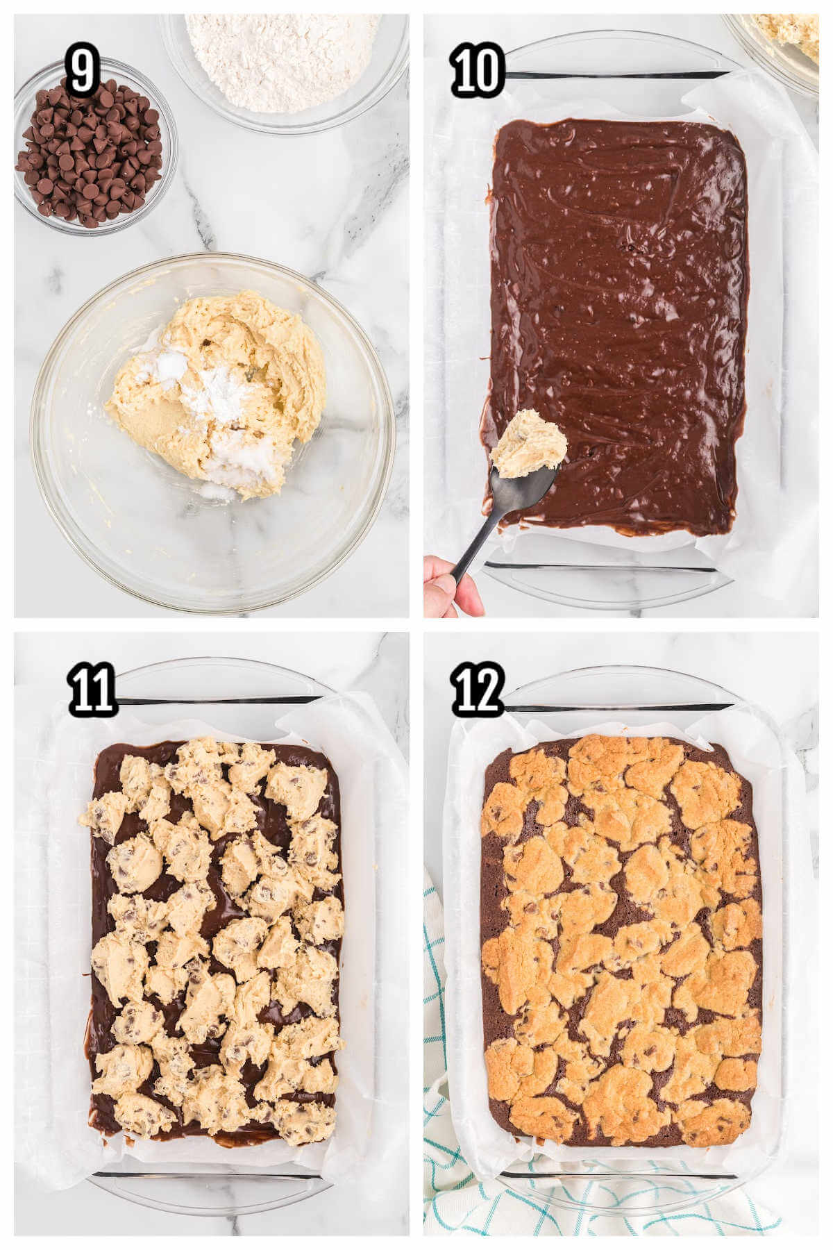 A collage of the third steps to making the Cookie Brownie recipe Brookies. 