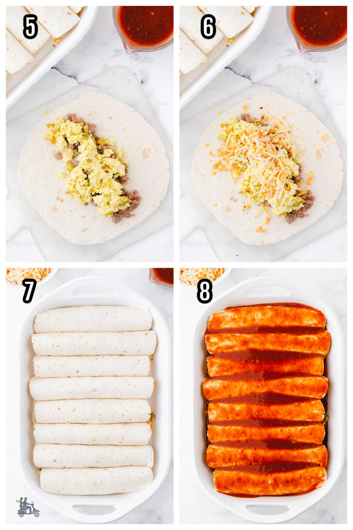 Second set of four steps to making the sausage and egg breakfast enchiladas. 