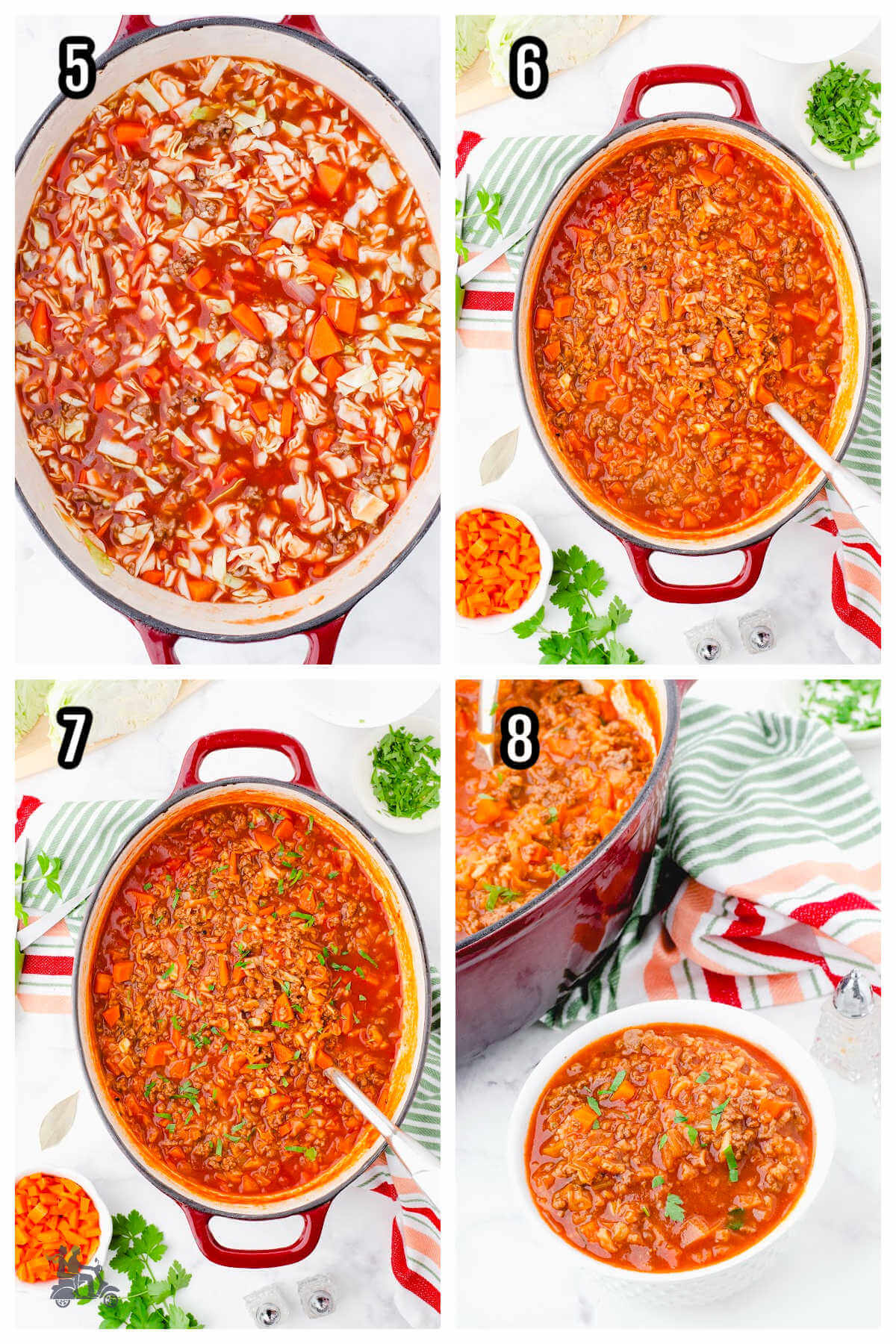 Second set of four steps to making and serving the unstuffed cabbage roll soup recipe. 