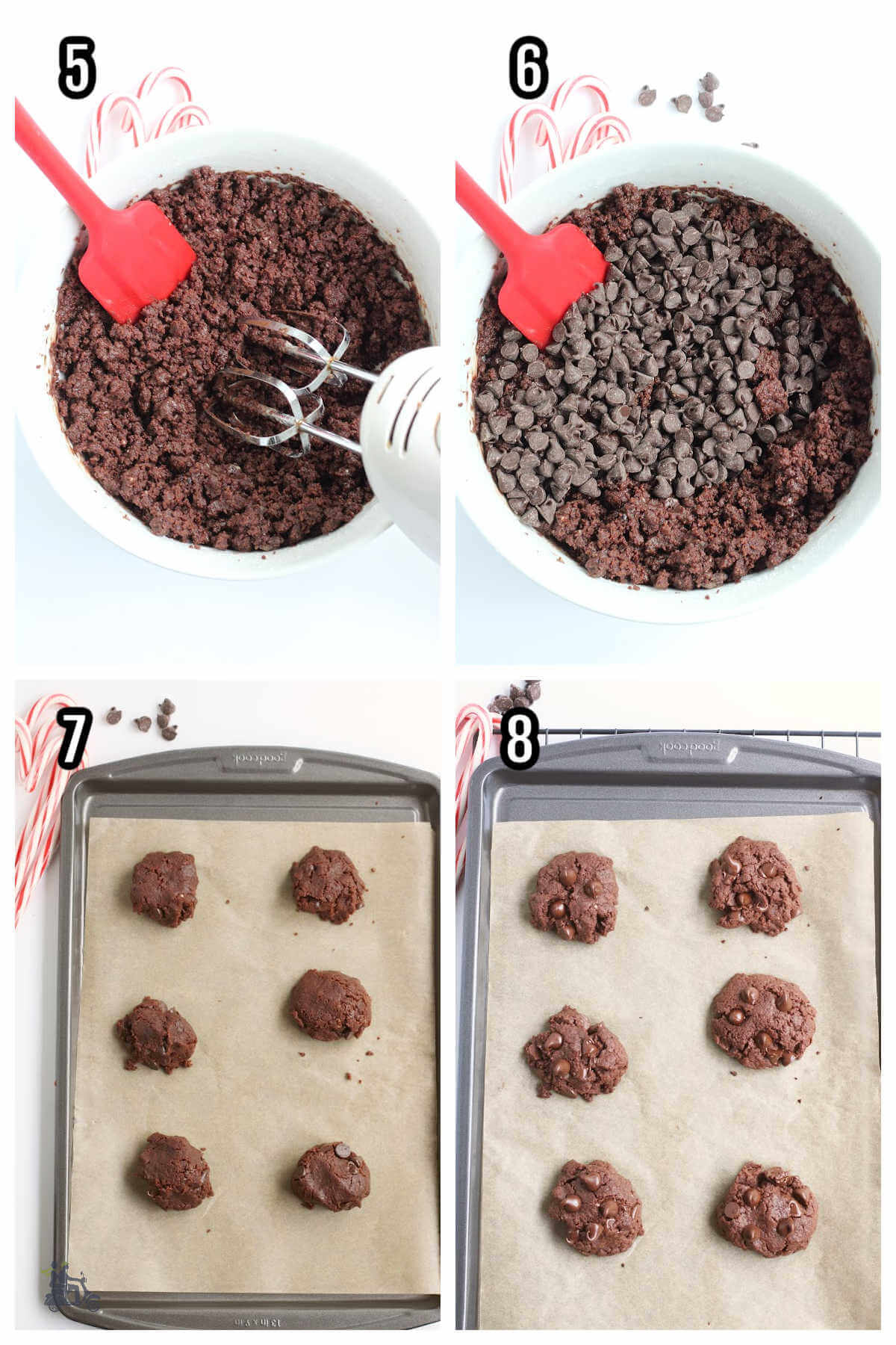 Collage of second set of instructions for forming and baking the Chocolate Peppermint Christmas cookies. 