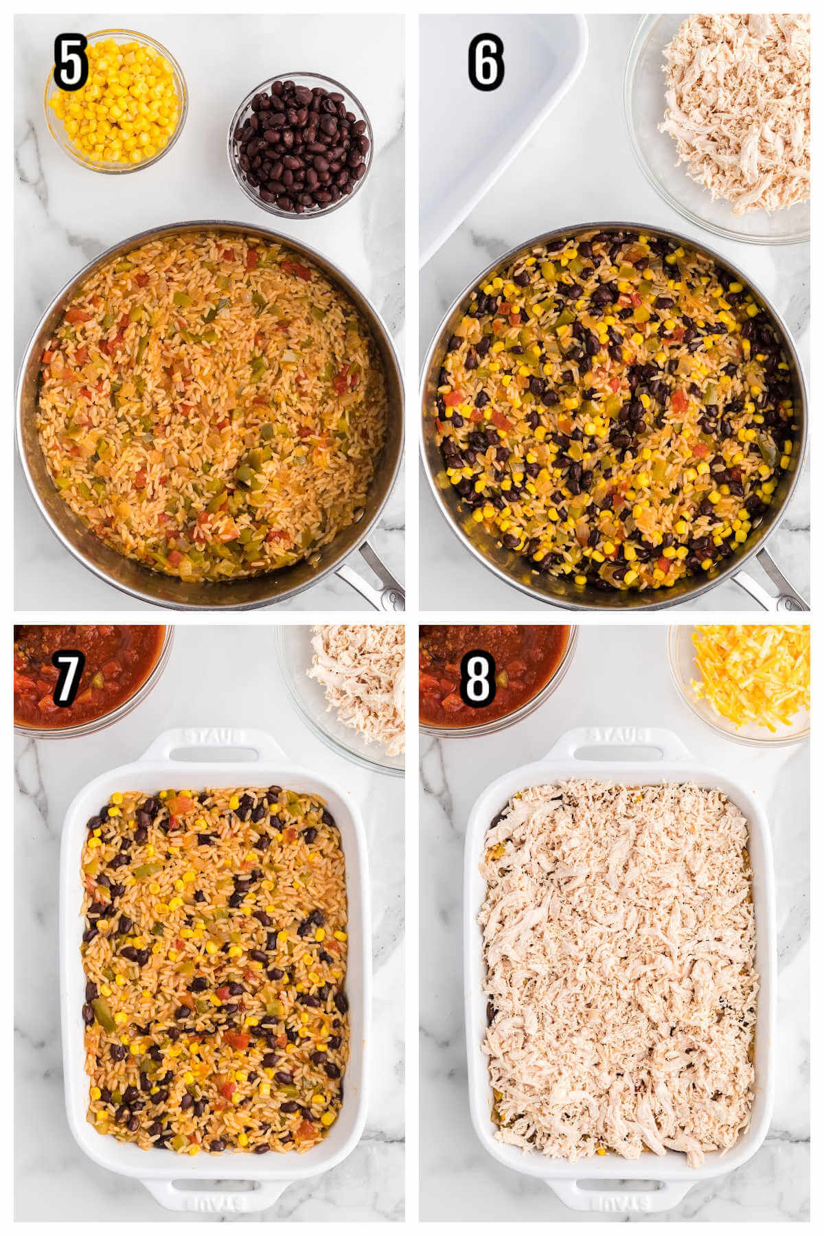 Second set of four steps to assembling the Mexican Chicken casserole with rice and black beans. 