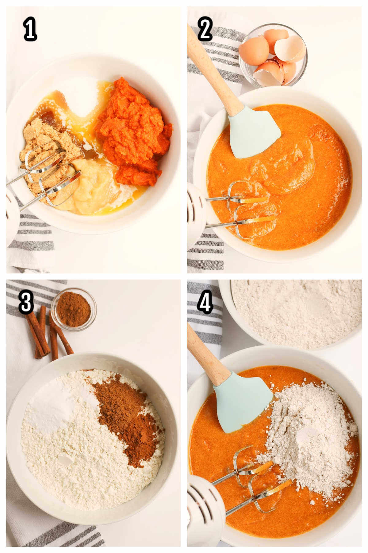 Collage of the first four steps to making pumpkin spice cake.