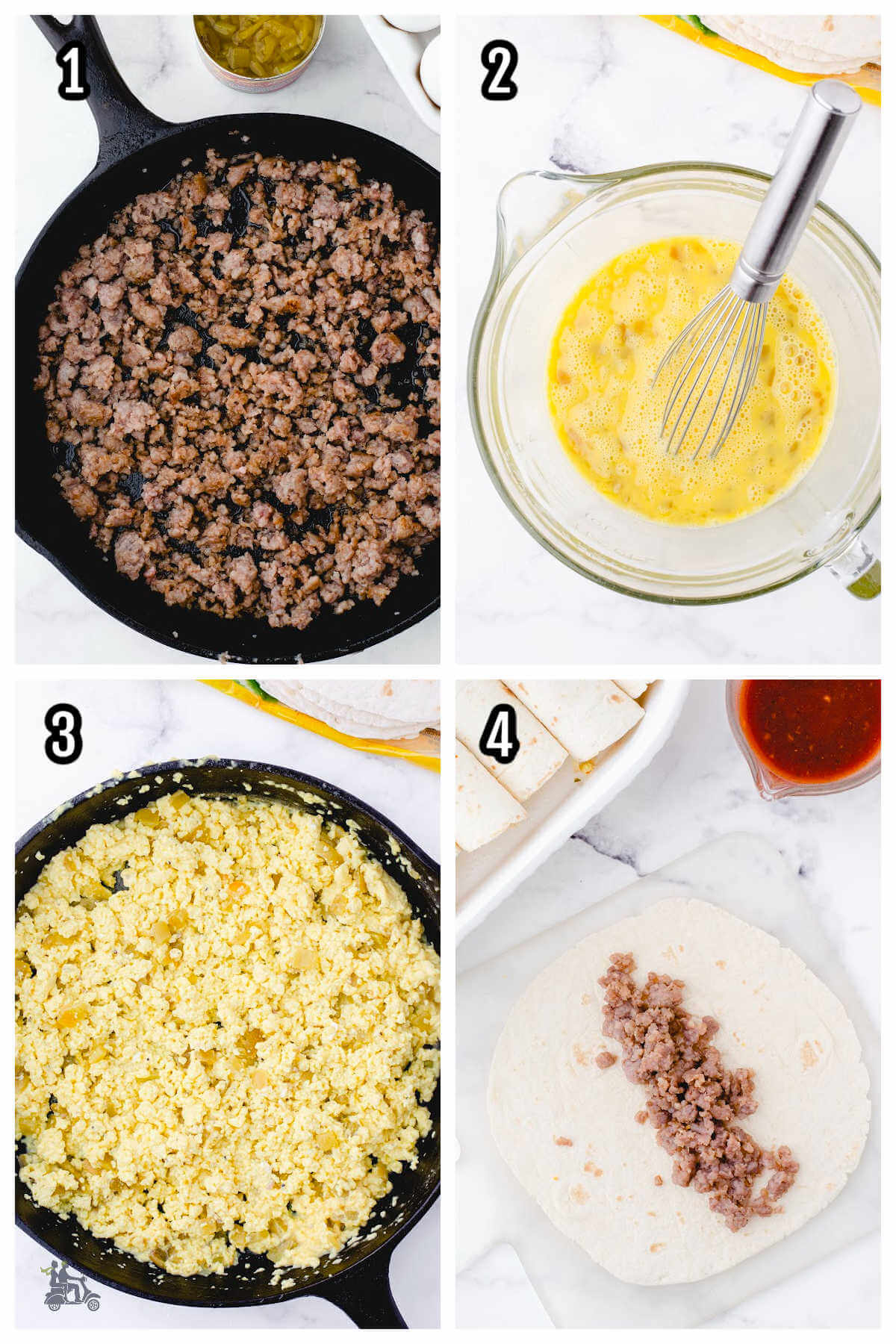 First four steps of instructions to making the make ahead breakfast enchiladas. 