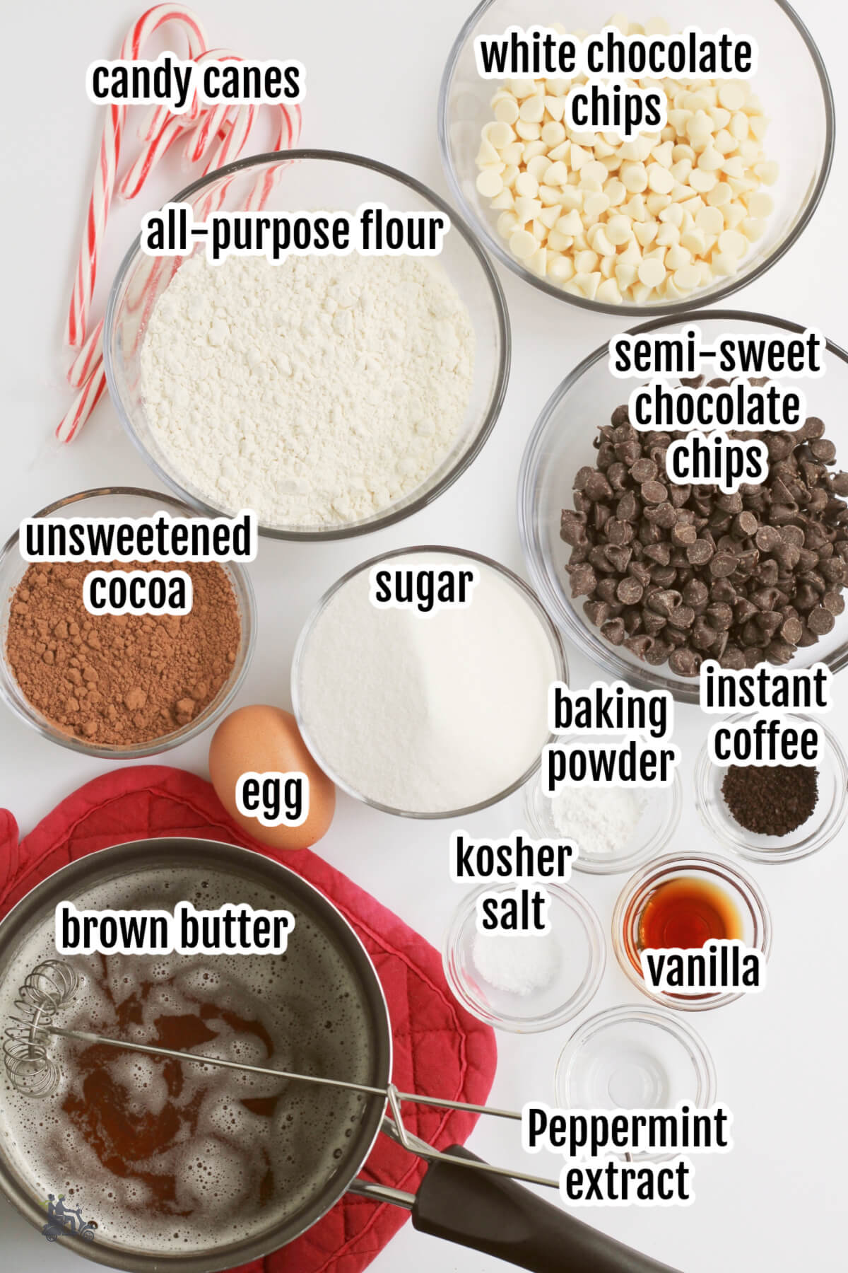 Image of the ingredients needed to make the Christmas Chocolate Peppermint Cookies. 