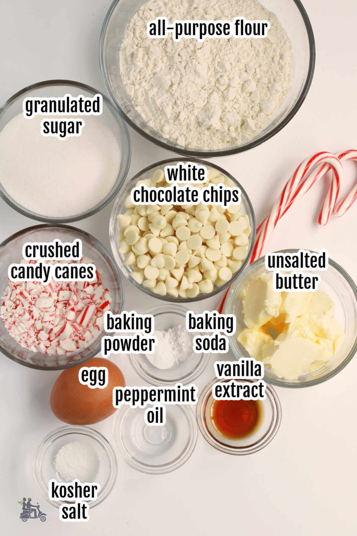Image of ingredients needed to make the Christmas Peppermint White Chocolate Chip Cookies.