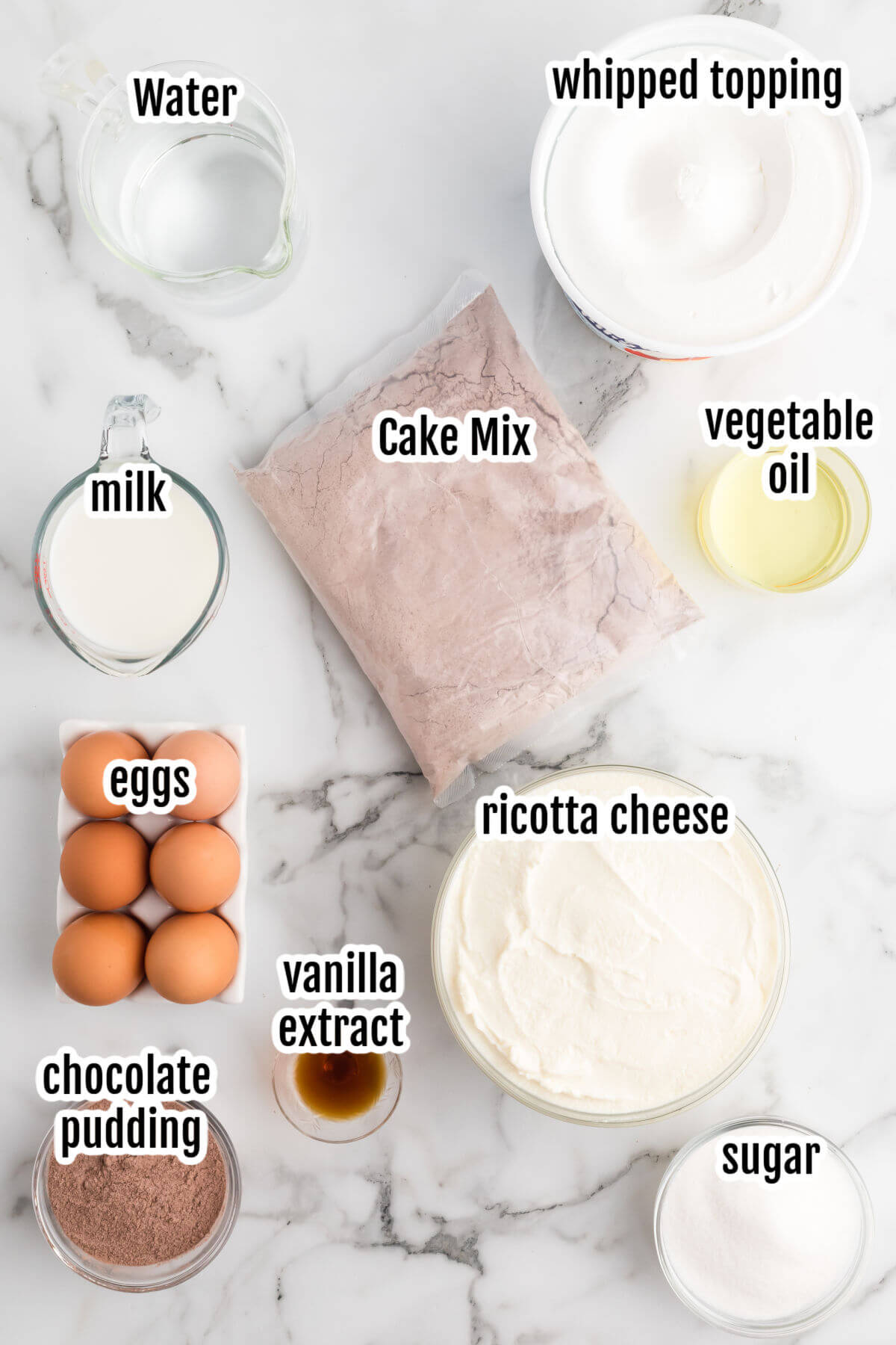 Image of the ingredients necessary to make the three layer Chocolate Italian Love Cake recipe. 