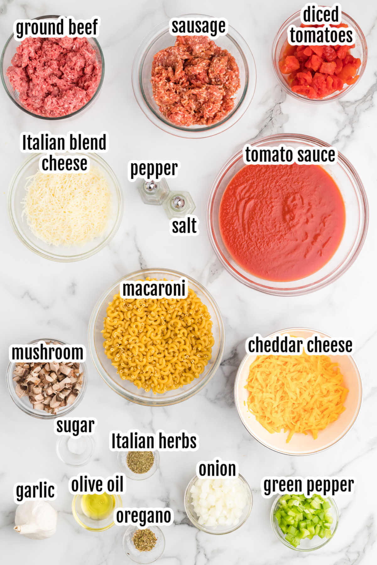 Image of the ingredients necessary for the Johnny Marzetti recipe. 
