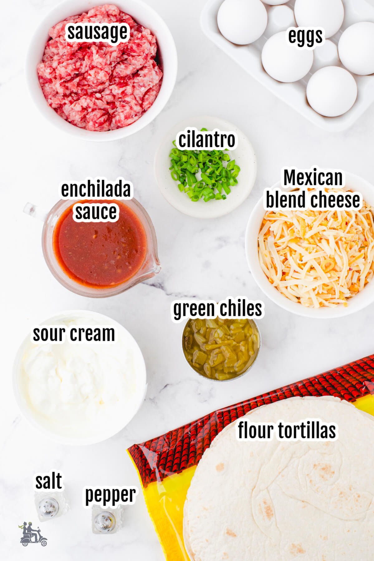 Image of the ingredients needed to make breakfast sausage enchiladas. 