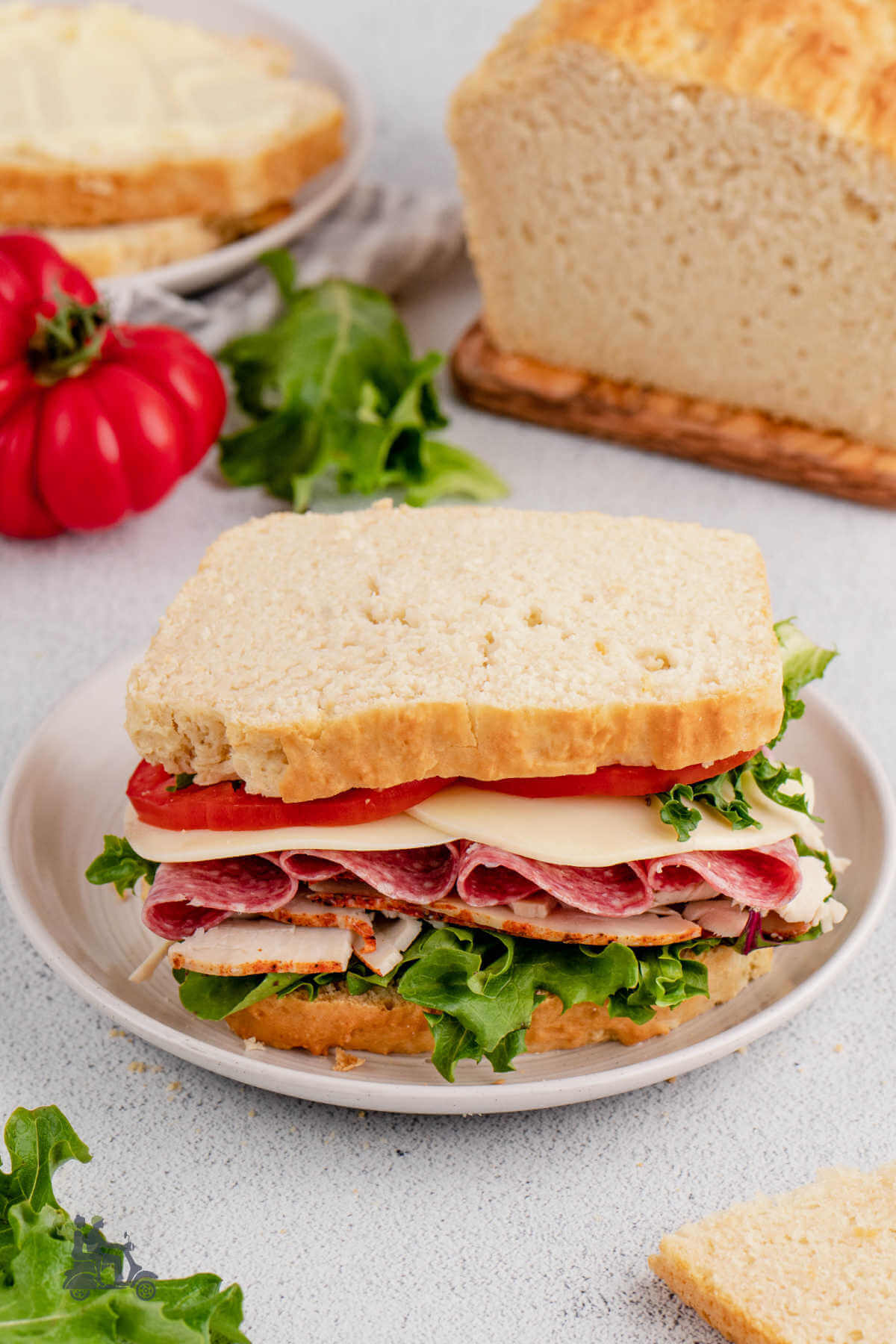 No yeast white sandwich bread sliced and made into a deli style sandwich. 