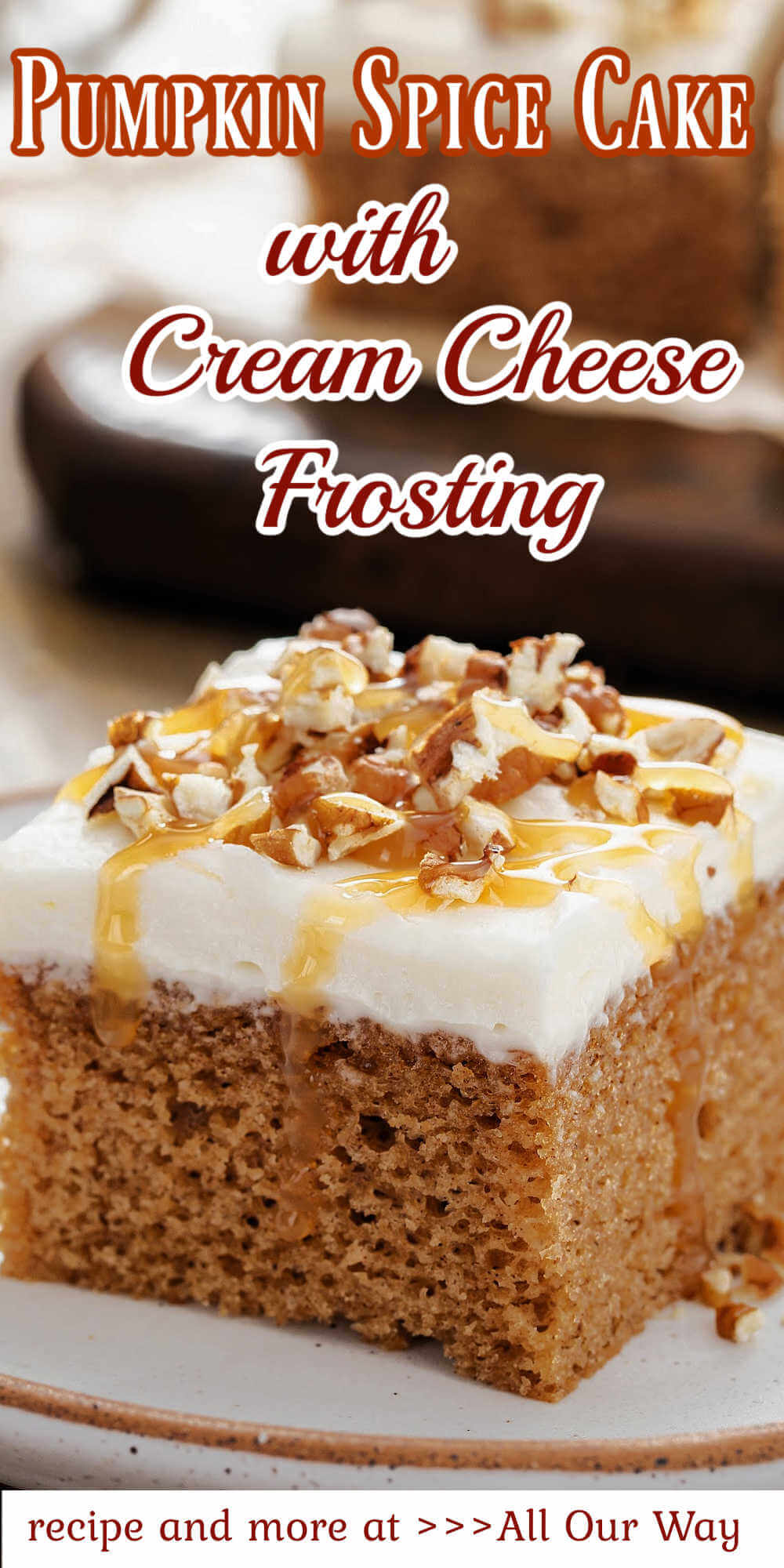 Pumpkin Spice Cake is an easy Fall-inspired cake made with pumpkin puree, warm spices, and a cream cheese frosting topped with crushed walnuts. Serve it as a dessert or sweet treat any time of the day.