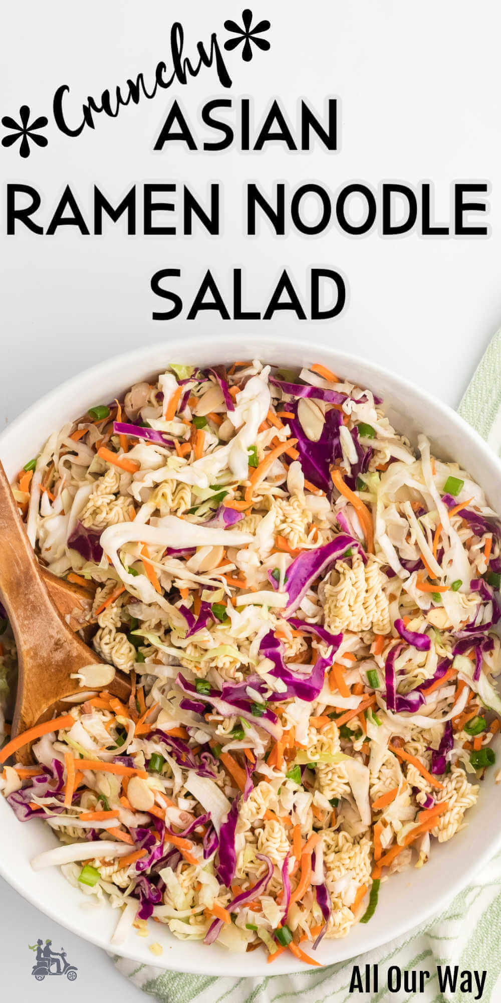 This Ramen Noodle Salad is an Asian-inspired cold side salad made with crunchy instant ramen noodles, coleslaw mix, sauteed veggies, toasted almonds, and tossed in a tangy dressing. Enjoy it alongside shrimp, salmon, steak, pork chops, or chicken.