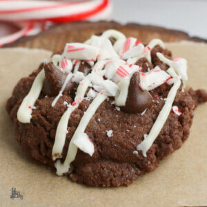 Close up of Chocolate Peppermint Cookies Recipe on brown parchment paper.