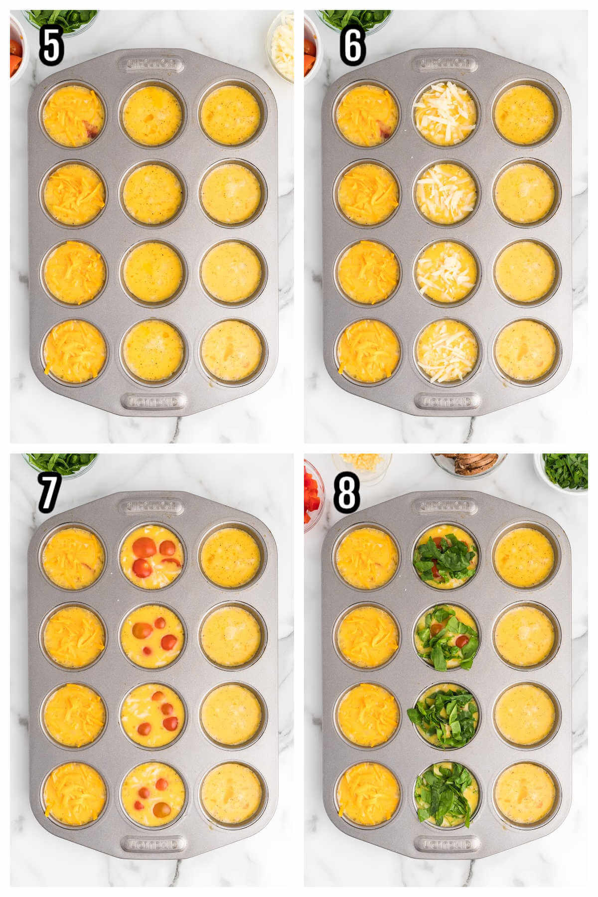 The second set of four steps to making the mini frittata cups for breakfast. 