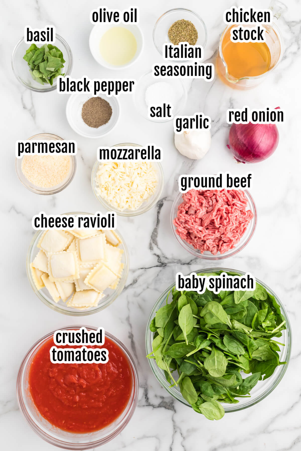 Image of the ingredients needed to make baked ravioli with ground beef. 