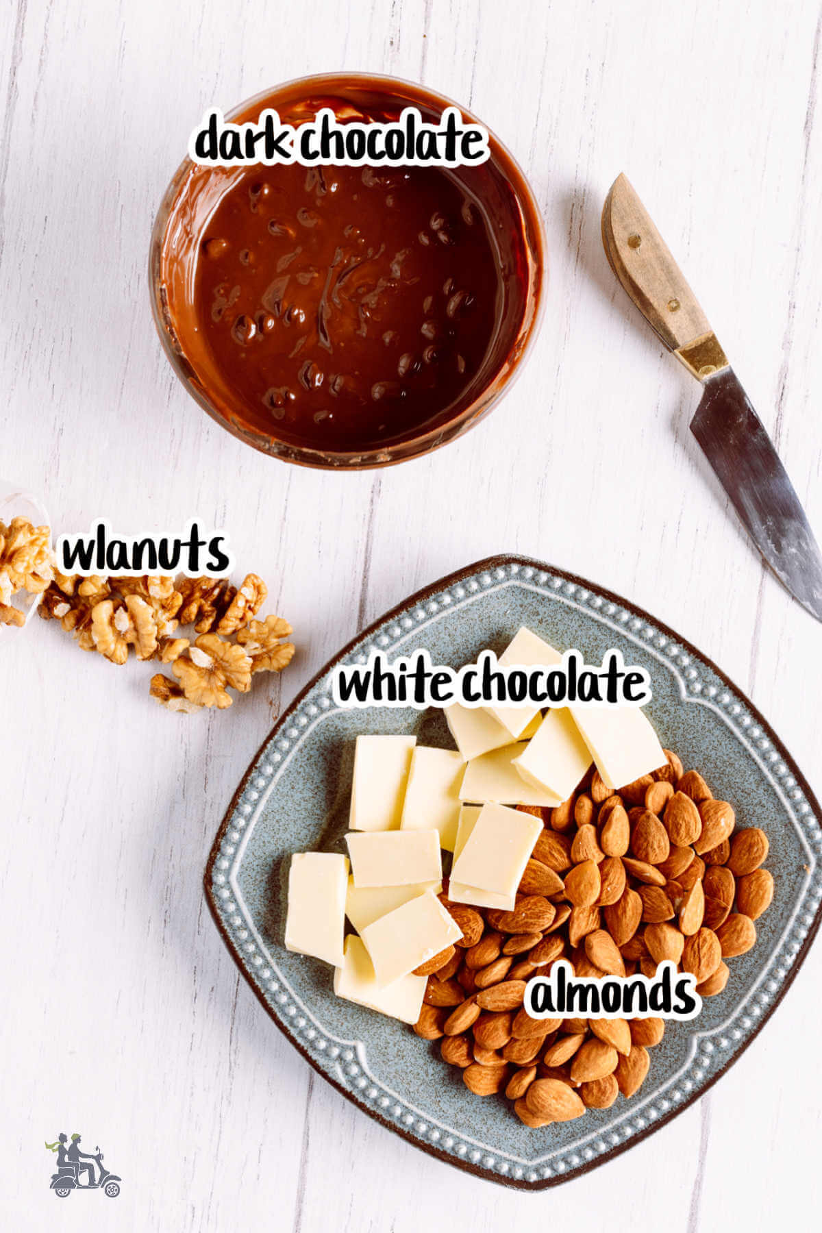 Image of the ingredients needed to make Almond chocolate bark. 
