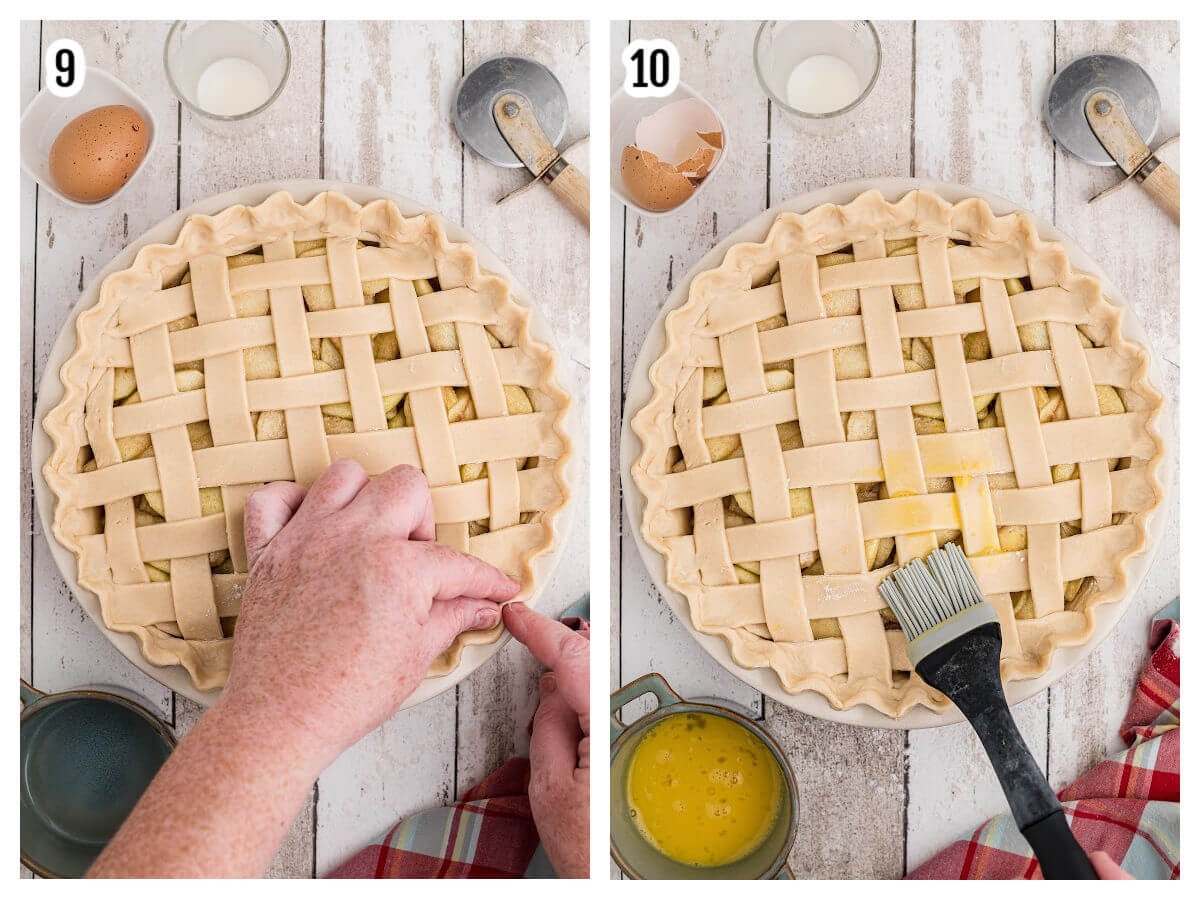 Steps nine and ten to assembling a dessert pie made with crust and apples. 