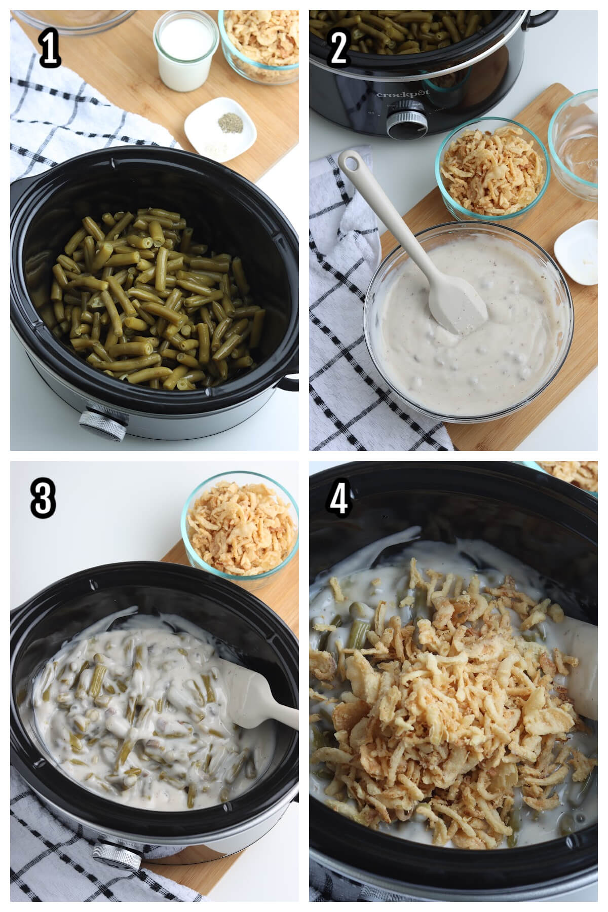 First four steps to making Slow Cooker greens beans with cream of mushroom soup. 