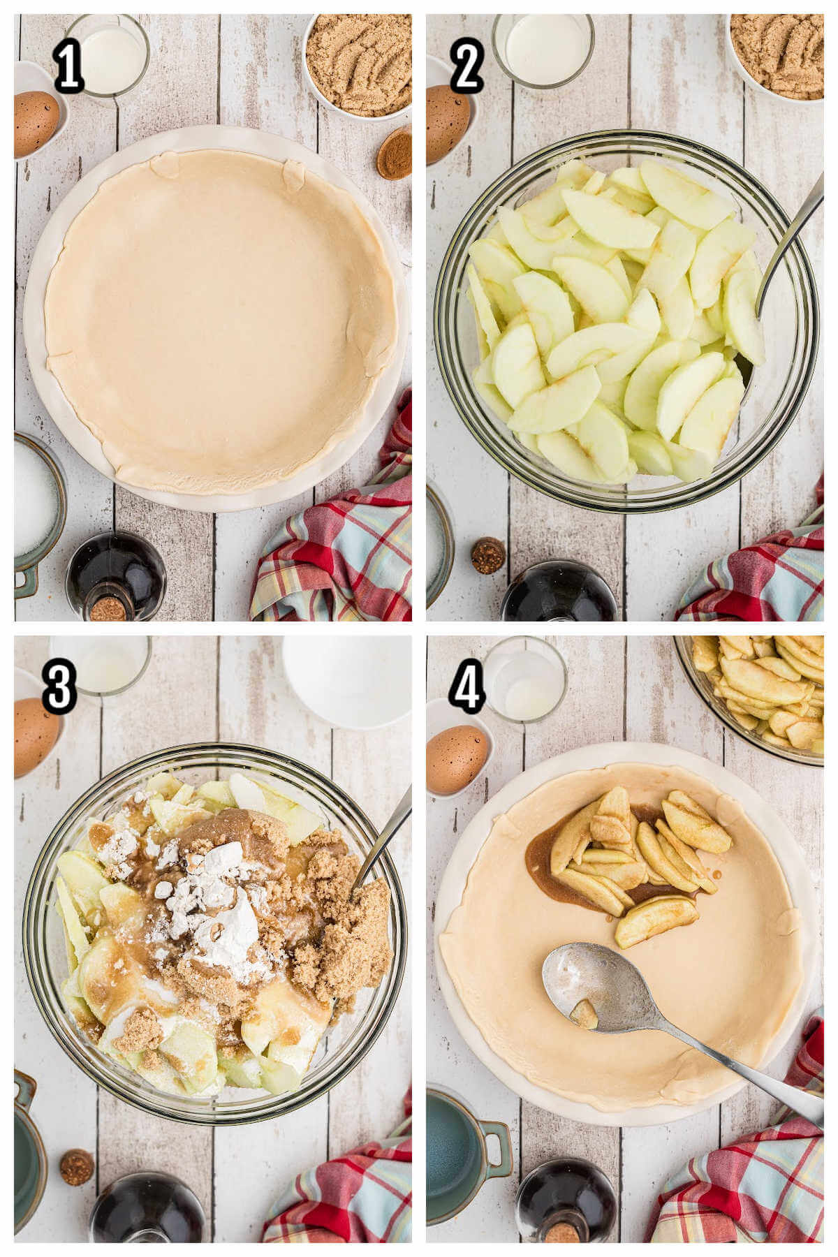 The first four steps to making an apple pie American style. 