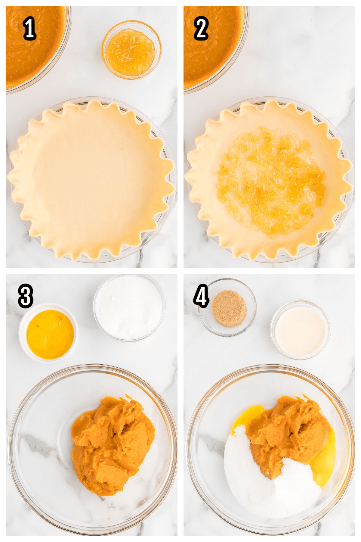 Collage of the first four steps to making the sweet potato pie with the whipped meringue topping.