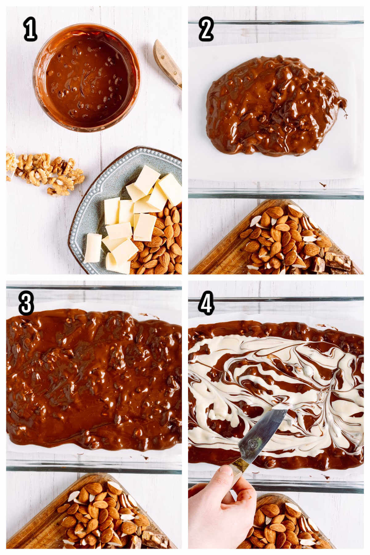 First four steps to making the marble almond chocolate bark with walnuts. 