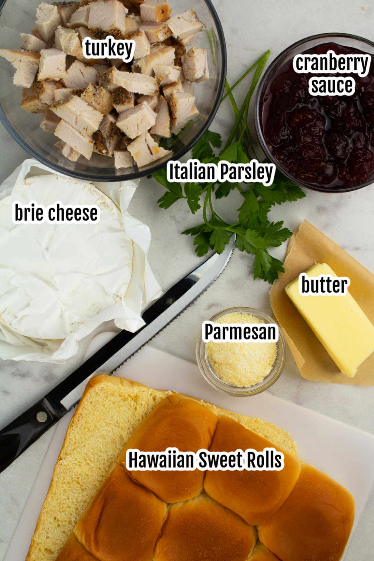 Image of ingredients needed to make leftover turkey sliders with cranberry sauce and brie cheese. 