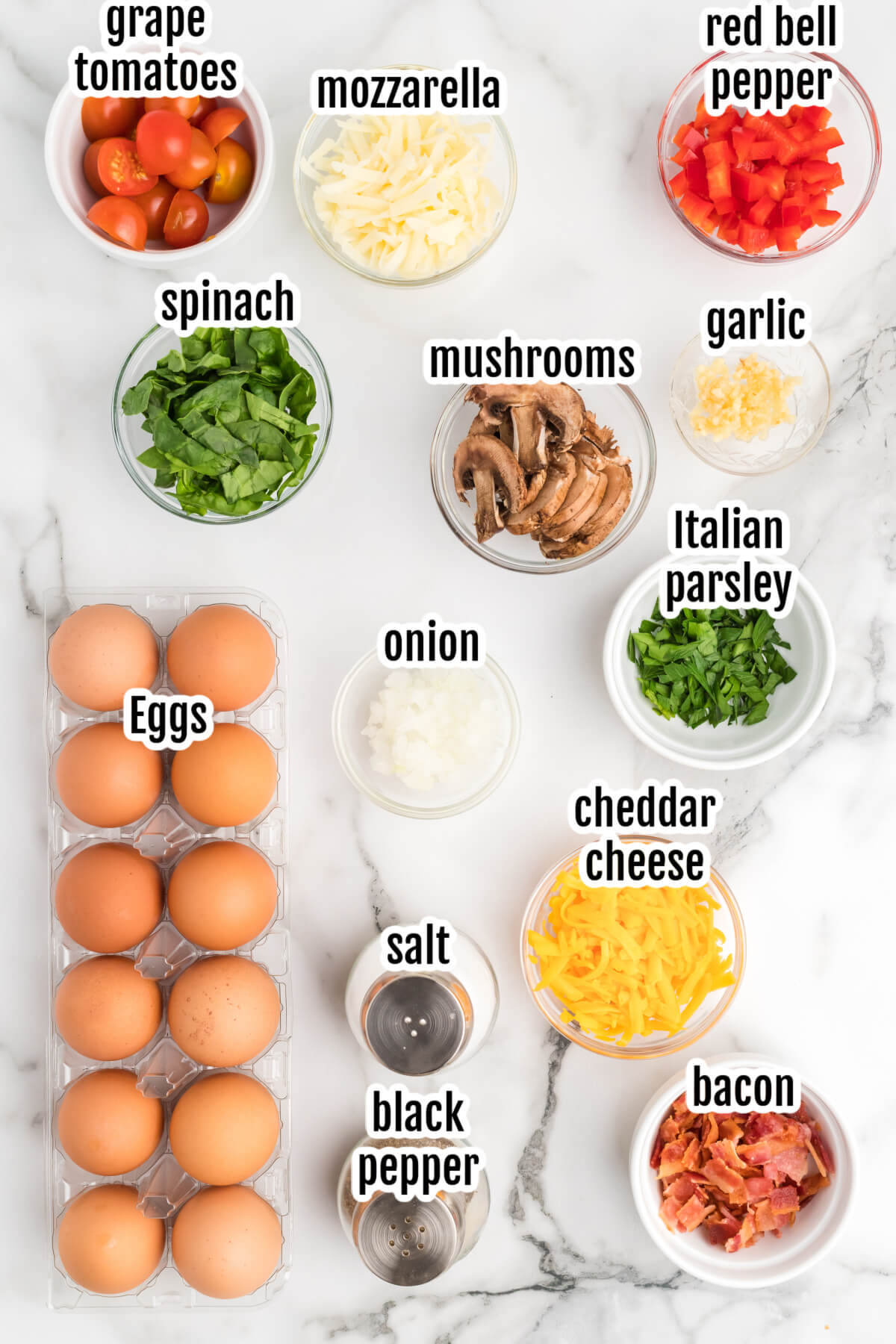 Image of the ingredients needed to make the eggy breakfast muffins 3 ways. 