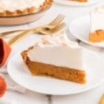Old-fashioned sweet potato pie on a plate and in the round pie plate. A dessert that's fitting for all fall and winter holidays.