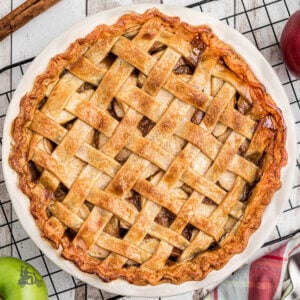 An apple pie with lattice top crust.