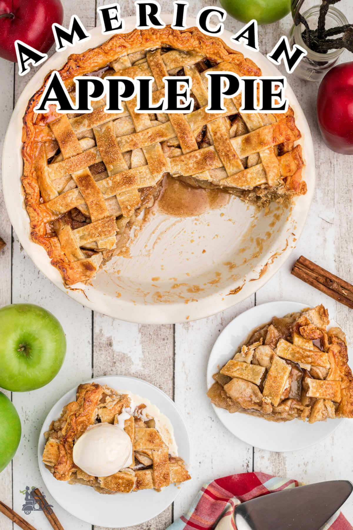 An apple pie in a ceramic plate with two serving wedges on white plate. 