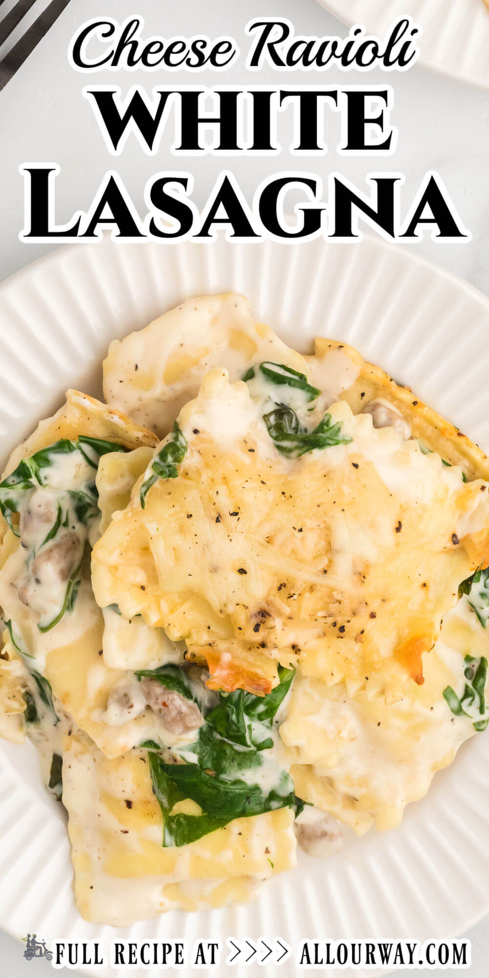 This White Lasagna recipe made with ravioli is creamy and flavorful and much easier than the classic dish. It still includes the yummy cheese, sausage, spinach, and a savory taste. If you're craving lasagna but don't have the time, give this creamy ravioli baked pasta recipe a try.