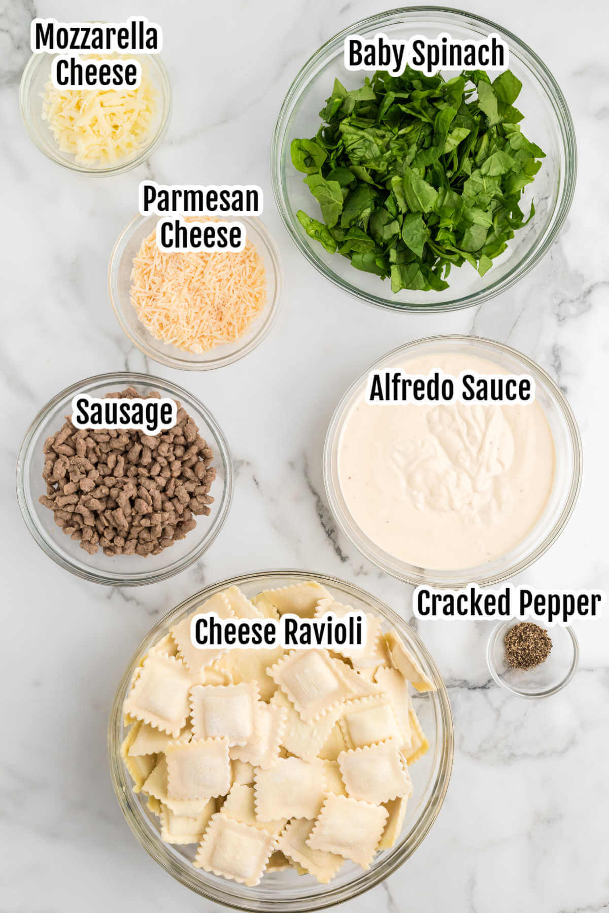 Image of the ingredients needed to make the easy white ravioli casserole. 