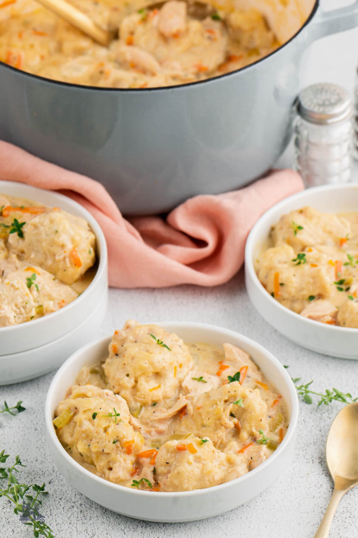 Dutch Oven with Southern chicken and Dumplings with three bowls with cooked biscuit dumpling in them. 