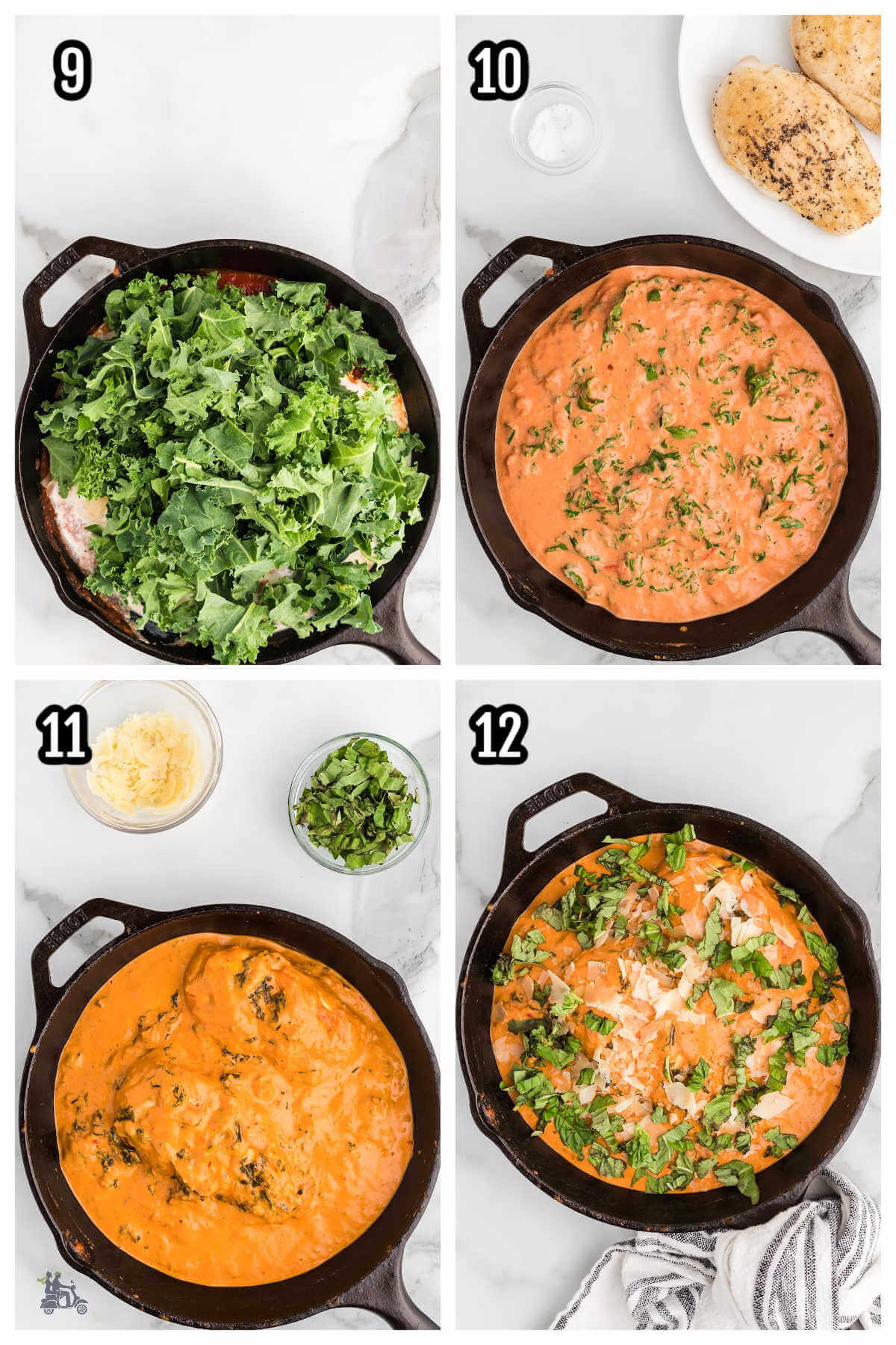 Collage of the final four steps to making the creamy tomato chicken with kale and parmesan cheese. 
