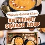 Two images of the Butternut Squash Soup Recipe in bowls and garnished with bacon bits and sour cream.