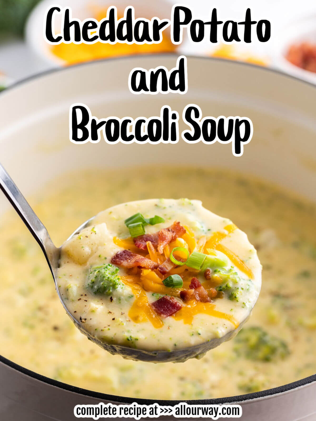 This Cheddar Potato Broccoli Soup recipe makes a rich and comforting soup with tender pieces of broccoli and potato, and melted cheddar cheese infused throughout! It's hearty and rich without heavy cream. Serve it this fall or winter with garlic bread or grilled cheese sandwiches.